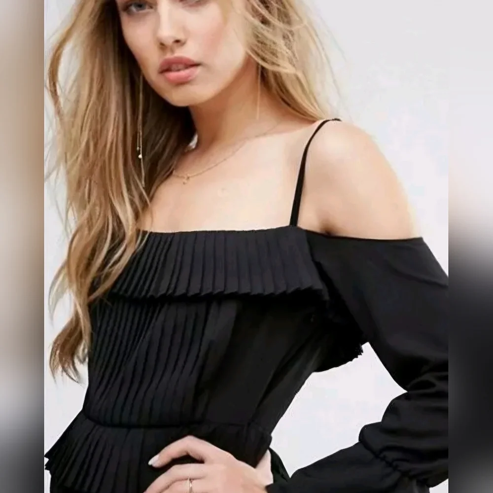 FOXIEDOX by Anthropologie Plisse Tiered Black Cold Shoulder Mini Dress - Picture 3 of 6